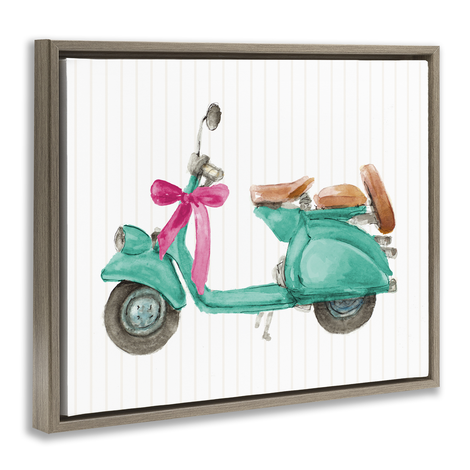 Stupell Industries Turquoise Scooter & Bow Transportation Painting Brown Floater Framed Canvas Art Print Wall Art, 21 x 17