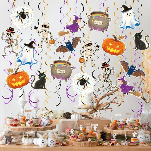 48 Pcs Halloween Hanging Swirls Decoration Spooky Ceiling Spiral Streamer with Spider Pumpkin Ghost Sign for Halloween Home Decor