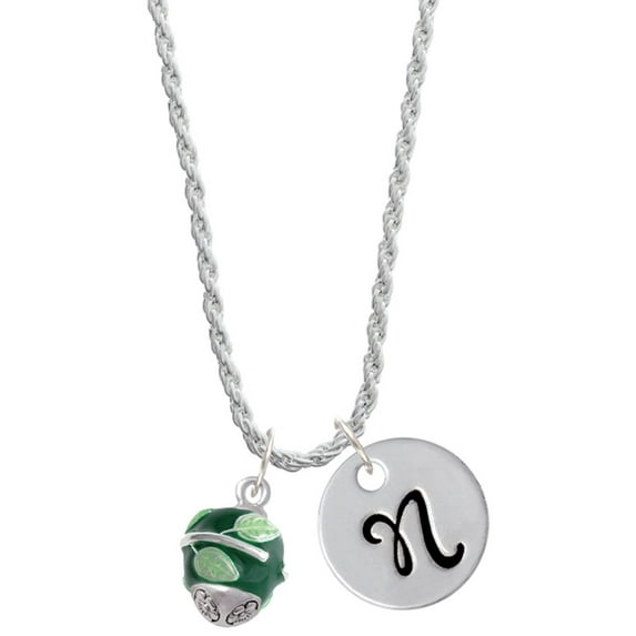 Delight Jewelry Silvertone Lime Leaves on Green Band Spinner Silvertone Script Initial Disc - N - Charm Necklace, 20"+3"