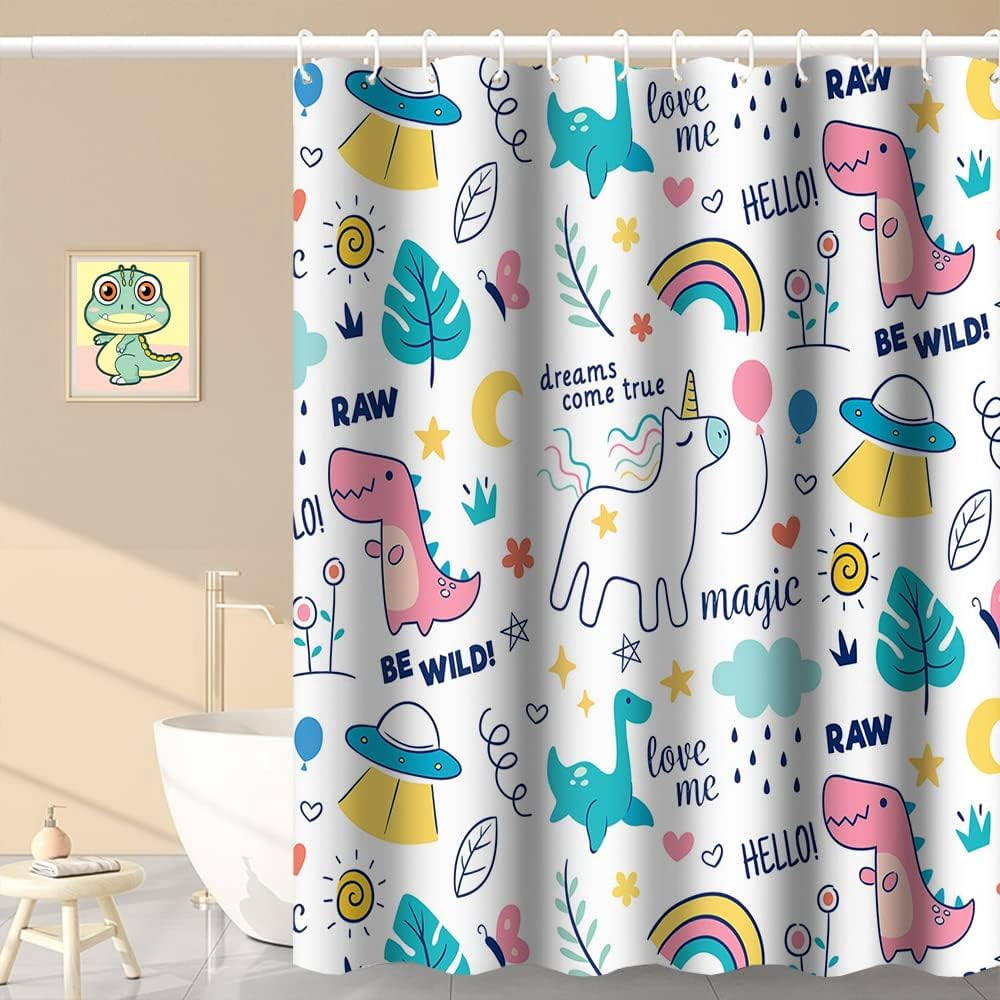 Dreamy Theme Bathroom Shower Curtain Cartoon Dino Dinosaur Rainbow Magical Shower Curtain with Hooks Waterproof Fabric Polyester Shower Curtain for Kids Girls Bath Decorative, 72x84 Inch