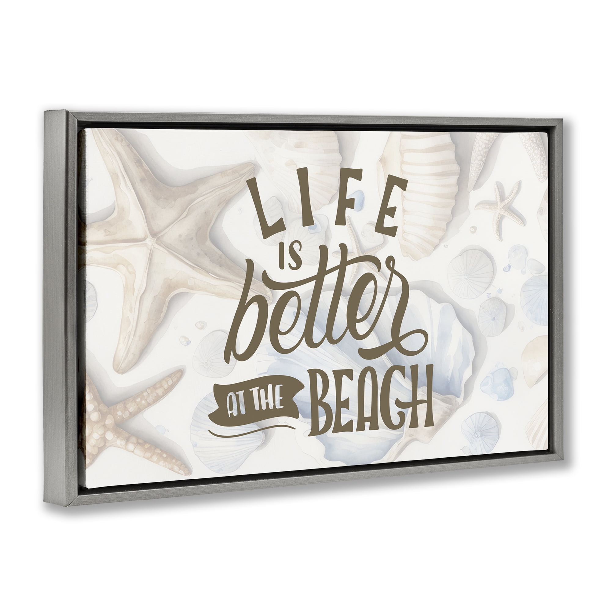 Stupell Industries Better At Beach Seashells Gray Framed Floater Canvas Wall Art, design by Kim Allen