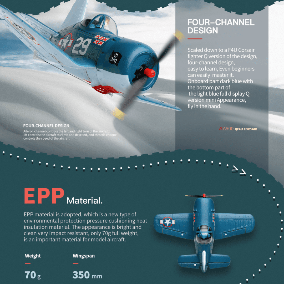 Weili  A500 Mini F4U 4-Channel RC Plane, Beginner-Friendly with 6-Axis Gyro, 12min Flight Time, Stable & Durable ​