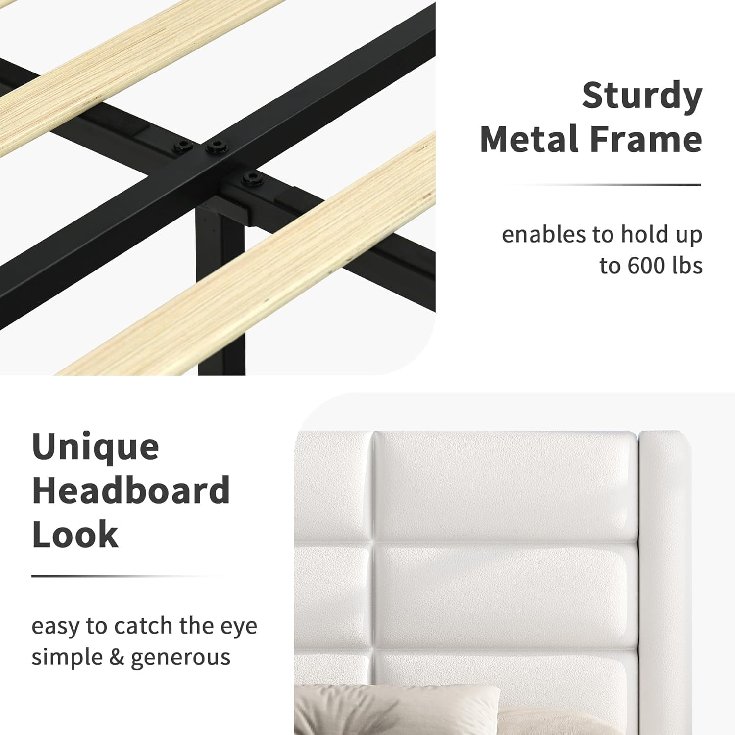 4 EVER WINNER Full Bed Frame with LED Light, Modern Upholstered Platform Bed Frame Headboard and Footboard, White Full Size Bed Frame, White