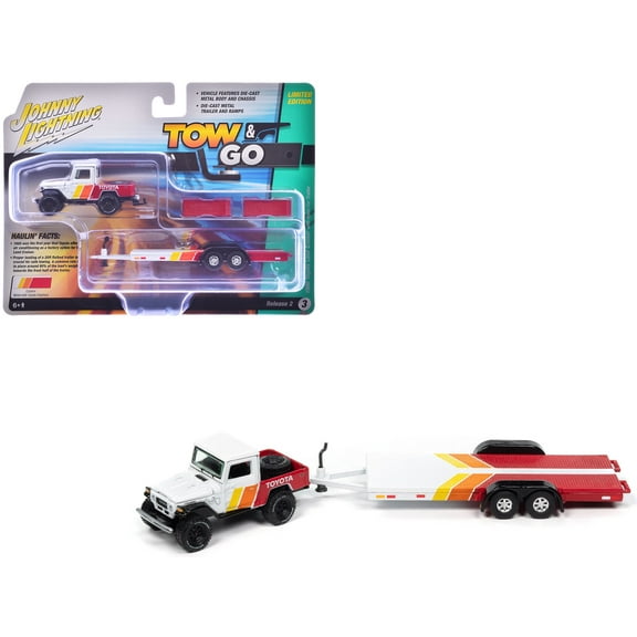 1980 Toyota Land Cruiser Pickup Truck White and Red with Stripes and Open Car Trailer Limited Edition "Tow & Go" Series 1/64 Diecast Model Car by Johnny Lightning