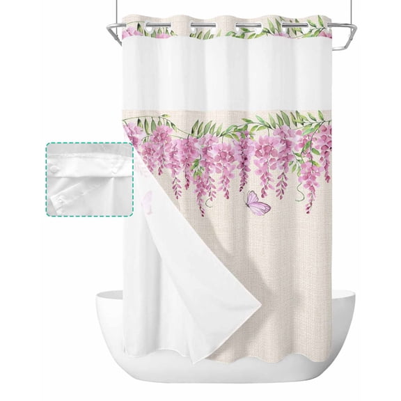 No Hook Shower Curtain with Snap in Liner, Pink Flower Butterfly Spring Floral Watercolor Retro Linen Shower Curtains for Bathroom, Washable Shower Curtain Liner Set with Mesh Top Window, 54"x78"