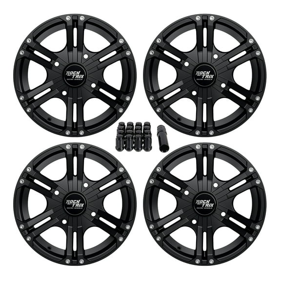 RockTrix RT101 4pc 14in ATV Wheels 4x110 Rims 14x7, 5 2 Offset, Includes 10x1.25 Lug Nuts - Compatible with IRS Honda Kawasaki Yamaha Rubicon Rincon Brute Force Kodiak Grizzly Rhino 4/110 (Set of 4)