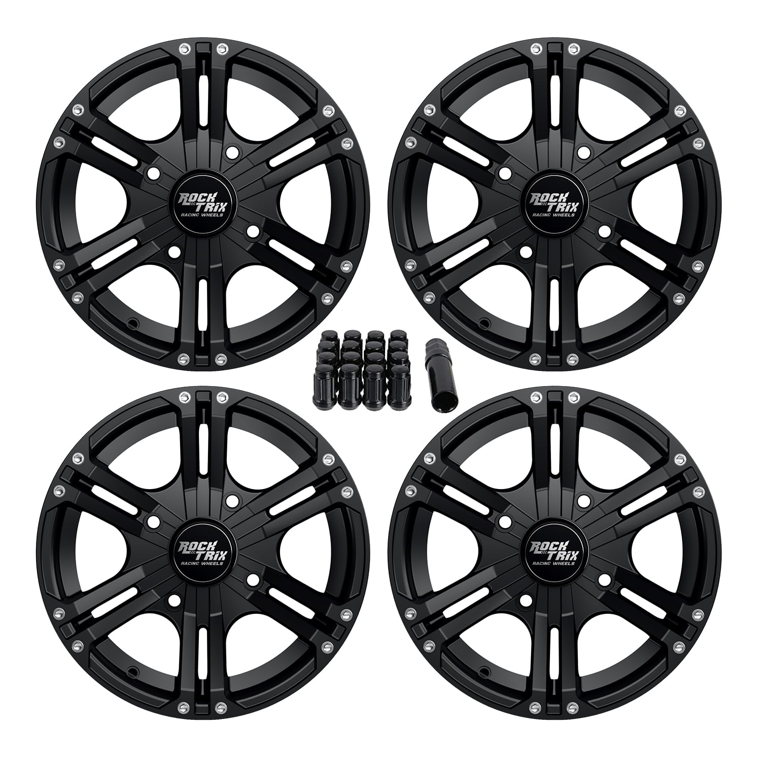 RockTrix RT101 4pc 14in ATV Wheels 4x110 Rims 14x7, 5+2 Offset, Includes 10x1.25 Lug Nuts - Compatible with IRS Honda Kawasaki Yamaha Rubicon Rincon Brute Force Kodiak Grizzly Rhino 4/110 (Set of 4)