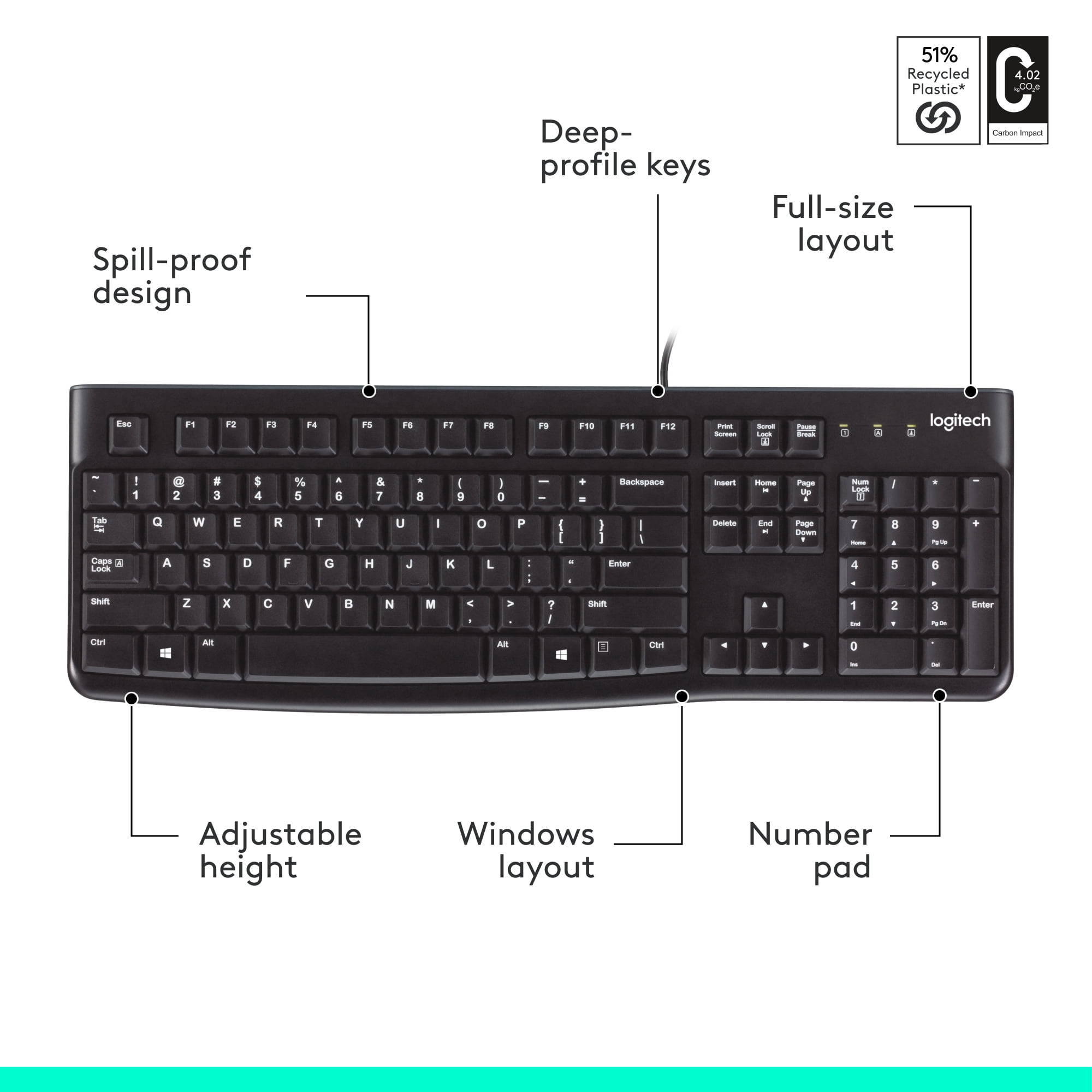 Logitech K120 Wired Keyboard for Windows, USB Plug-and-Play, Full-Size, Spill-Resistant, Curved Space Bar, Compatible with PC, Laptop, Black
