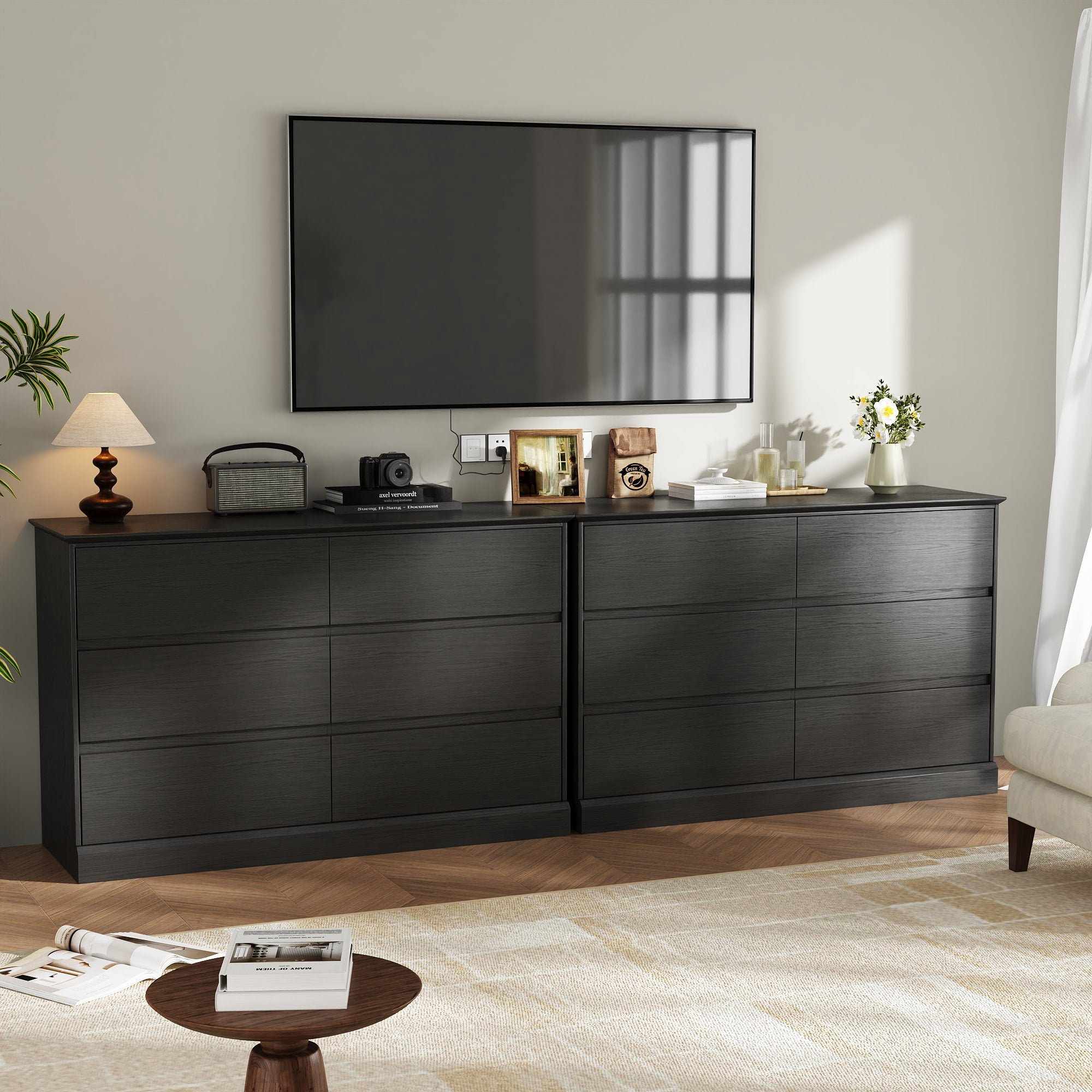 6 Drawer Dresser for Bedroom, White Dresser Double Chest of Drawers, Modern Wood Dressers with Deep Drawers for Living Room,Black