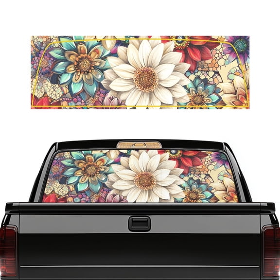 Pzuqiu Mosaic Floral Pattern Rear Window Decals for Trucks 66.9 x 22.4 Inch, Vinyl Perforated Back Window Graphics for Pickup Truck Decoration