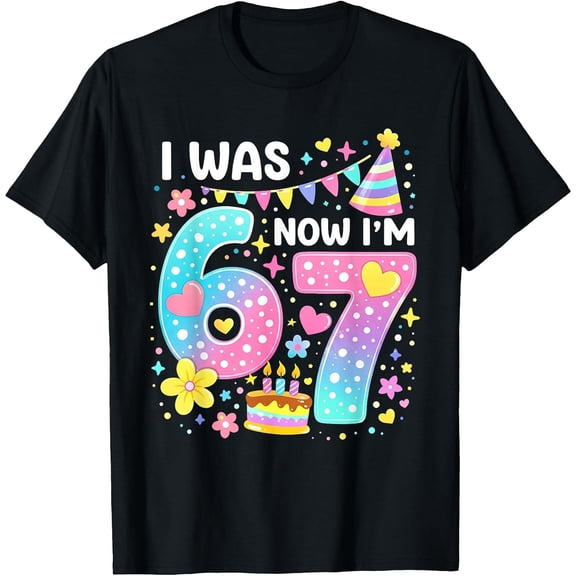7th Birthday Girl Funny Six Seven I was 6 Now I'm 7 Year Old T-Shirt, T-Shirt for Kids Youth, 180gsm, 100% Cotton