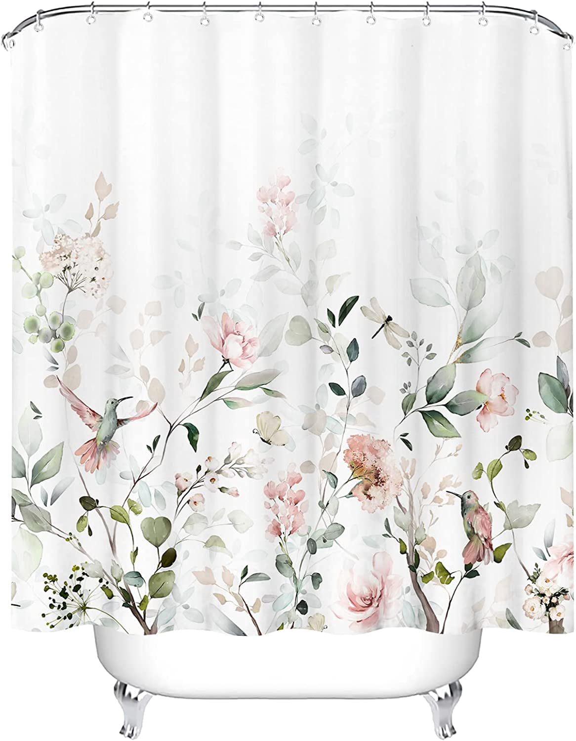 Aesthetic Blooming White Floral Shower Curtain Sets, Watercolor Pink Flowers Birds Butterflies Tropical Bathroom Decorative 71 X 84 Inch Polyester Waterproof Fabric Bath Curtain with Hooks