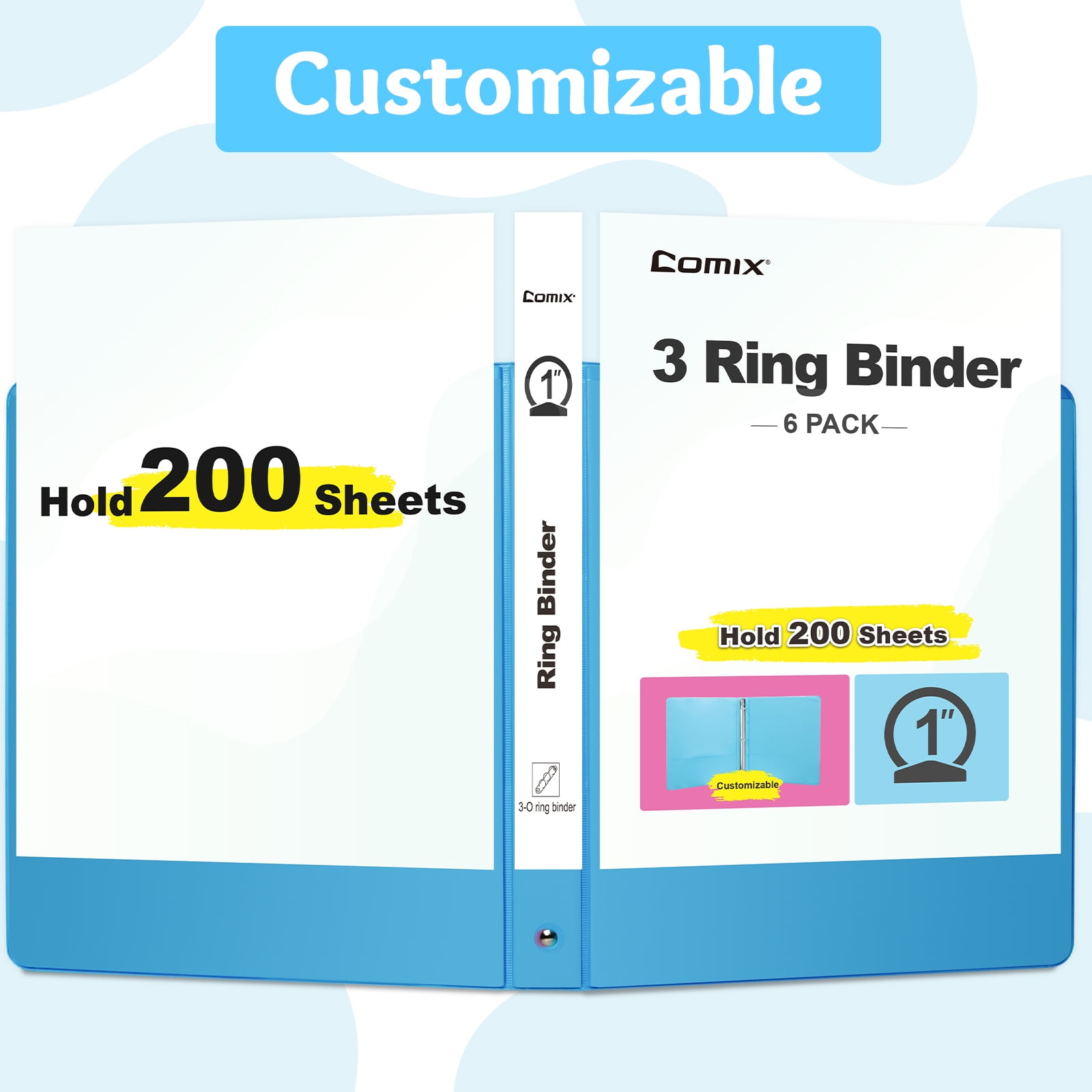 Comix 1 inch 3 Ring Binder, Round Ring, 200-sheet Capacity, 6 Pack Light Blue