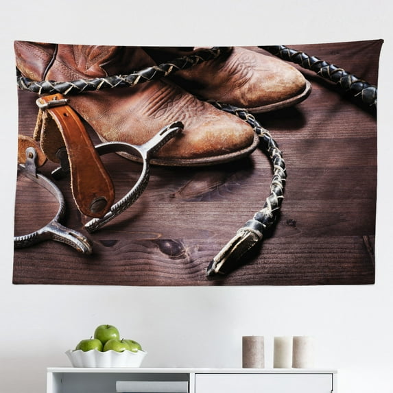 Western Tapestry, American Style Cowboy Wild West Culture Sports Team Roping Barn Print, Fabric Wall Hanging Decor for Bedroom Living Room Dorm, 2 Sizes, Umber Brown, by Ambesonne