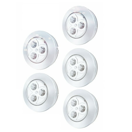 

5 Pack LED Battery-Powered Wireless Night Tap Press Lamp Stick-On Push Safe Lights for Hallway Kitchen Bedroom Bathroom Closets Cabinets Silver