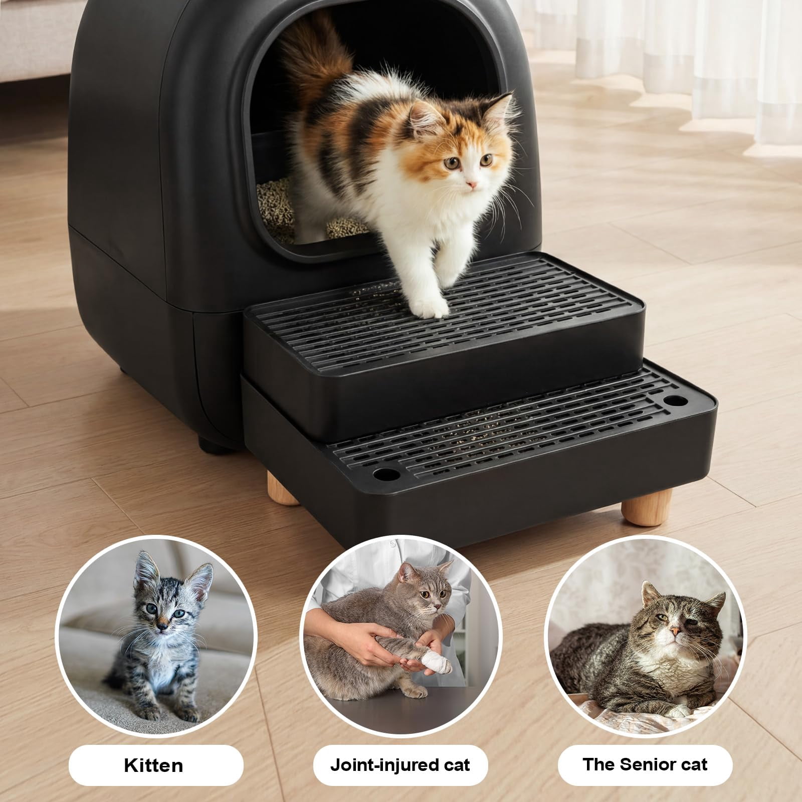 Adjustable 2 Steps Litter Box Ramp  Cat Catcher Mat With Wooden Feet Filter Function Step For Small & Elderly Cats Fits Automatic Boxes (black)
