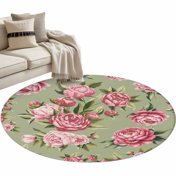 Round Area Rug 4ft Pink Rose Floral Floor Carpets Indoor Floor Area Mat Stain-Proof Mat Circle Rugs for Living Room Dining Room Kitchen Bedroom, Sage Green Leaves Flowers Sofa Throw Carpet