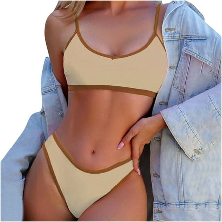 UTSJKR Deals Bandeau Bikini Sets for Women Adjustable Splicing Color High Cut Thong Swimsuit Bottom Sports 2 Piece Sweawear Khaki L