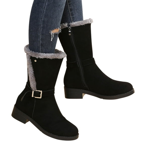 Luxalzxs Snow Boots for Women Side Zipper Mid-Calf Thicken Velvet Warm Cotton Boots