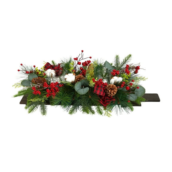 Nearly Natural 24" Holiday Berries, Pinecones and Eucalyptus Christmas Artificial Arrangement Cutting Board Wall Decoration or Table Arrangement