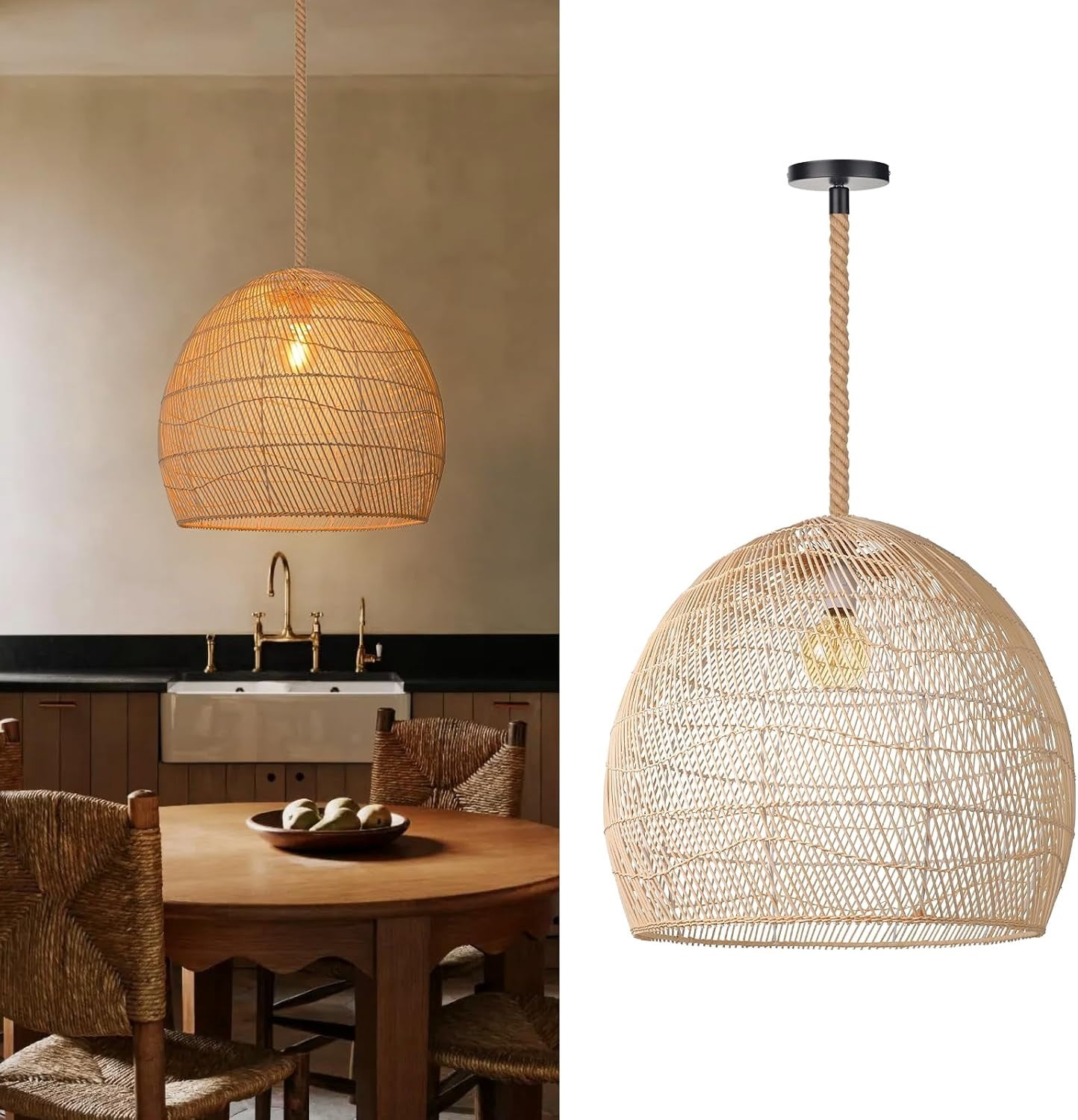 Arturesthome Hemp Rope Pendant Hand-woven Rattan Chandelier Natural Rattan Single Pendant