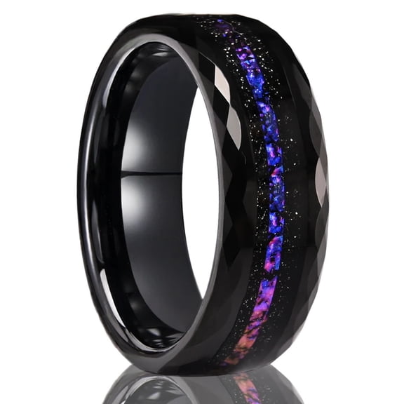 8mm Wide Black Tungsten Carbide Ring with Blue Nebula Inlay and Diamond-cut Sides for Men