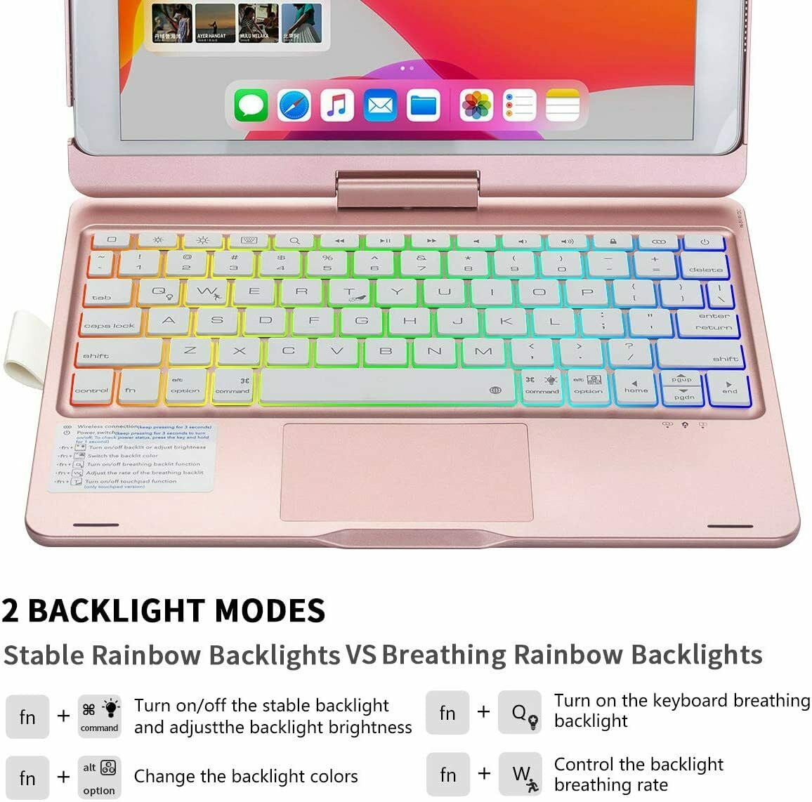 Kvago For iPad 10.2 inch 9th 8th 7th Keyboard Generation Case,with Touchpad Backlit Keyboard,Auto Sleep/Wake Function,Built-in Pencil Holder,Rose gold