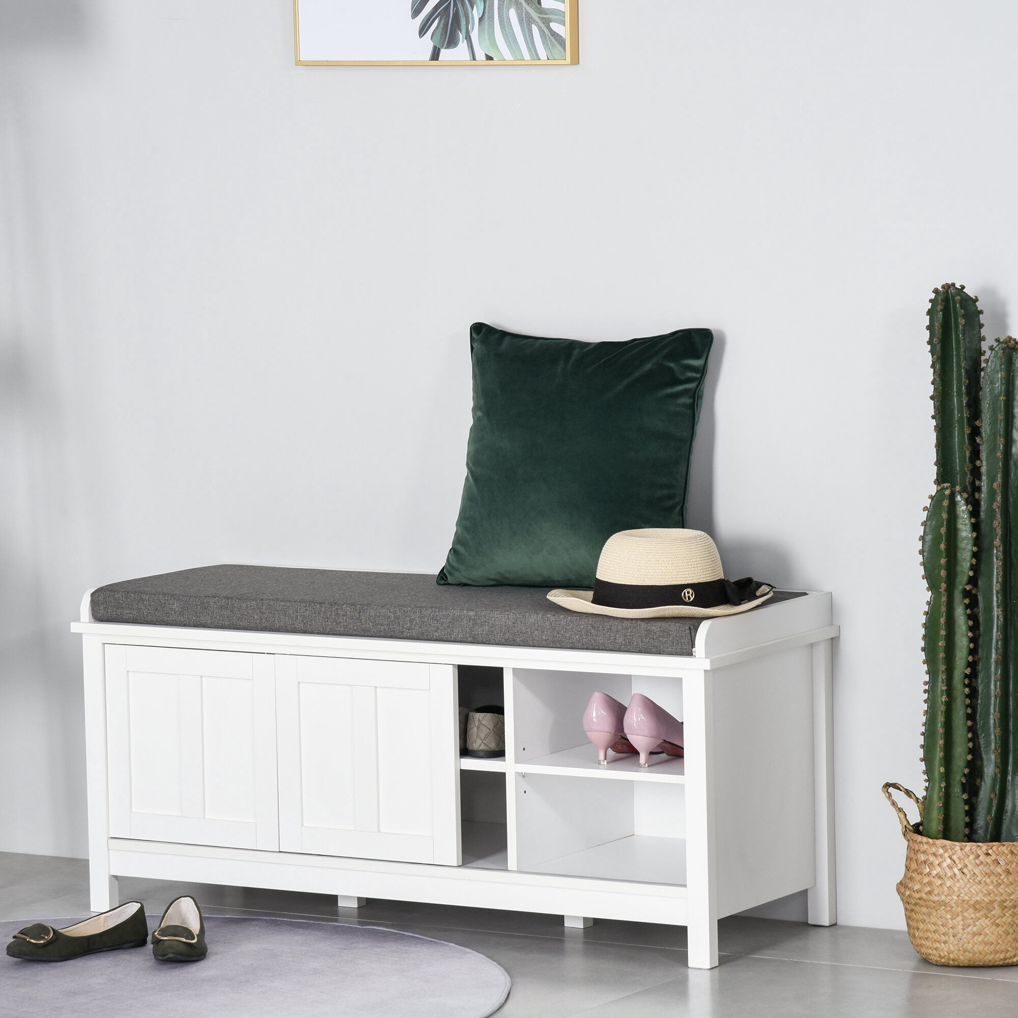 Indoor Storage Benches, HOMCOM Entryway Shoe Bench Storage Ottoman with Sliding Doors, Adjustable Shelving, 6 Compartments, and Padded Seat, Holds 10 Pairs, White, White Wooden Storage Benches