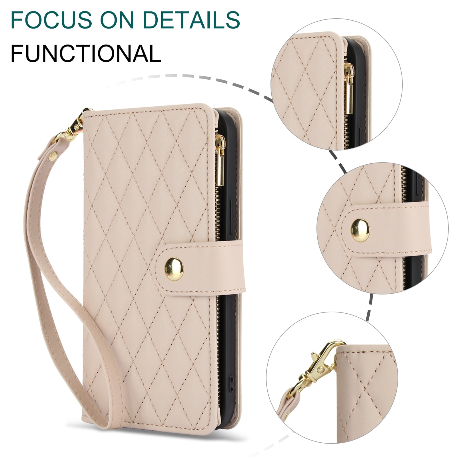 Phone Case for Apple iPhone 14 Plus, Premium iPhone 14 Plus Case with Wallet, Card Holder, Coin Zipper Pocket Shockproof Flip Cover Stand with Wrist Strap & Detachable Shoulder Strap,Apricot