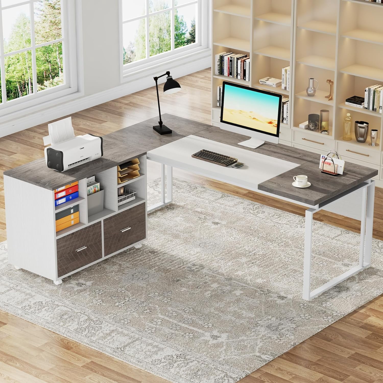 L-Shaped Executive Desk with Reversible File Cabinet, 3" Office Desk with Storage Drawers, Gray & White