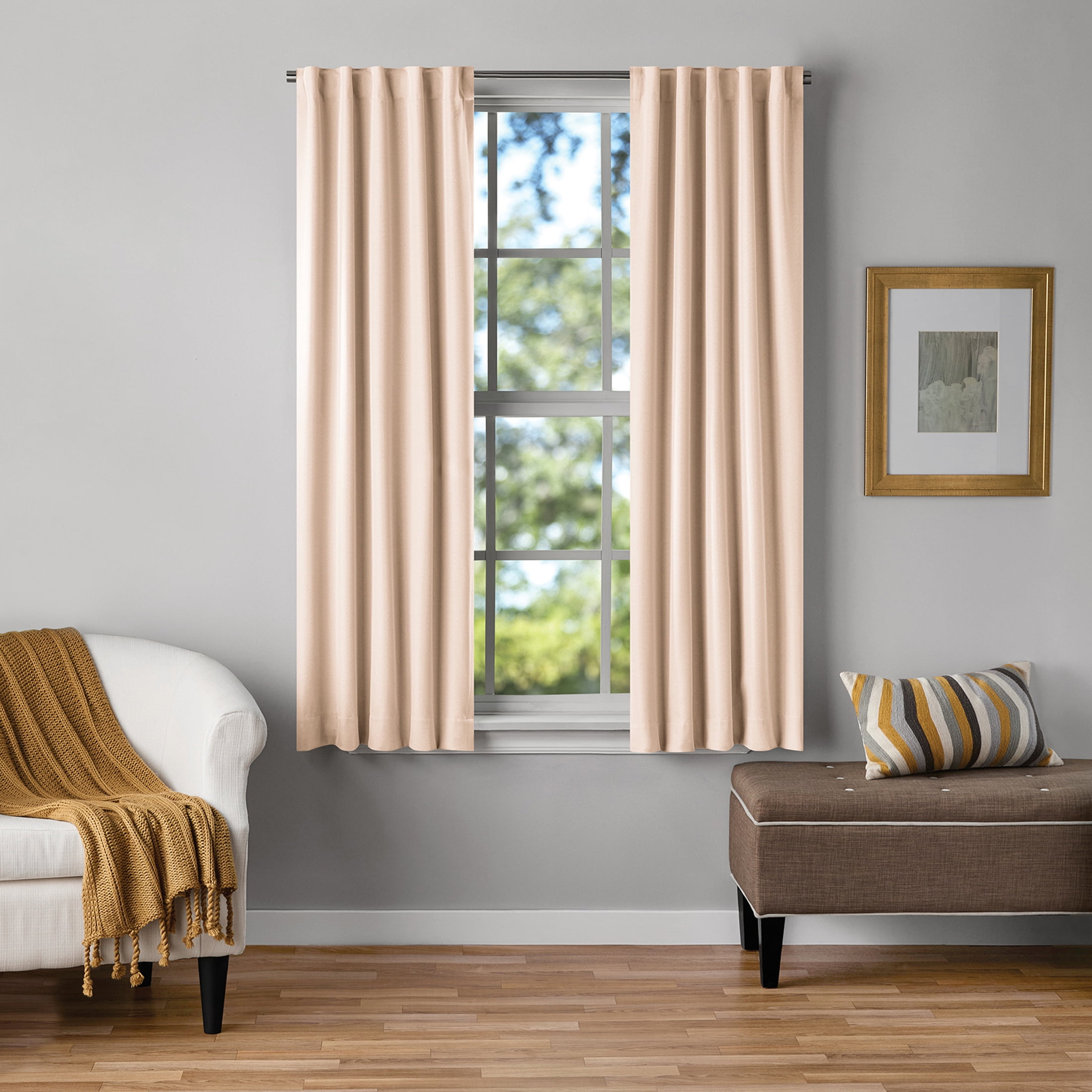 Mainstays Beige Solid Blackout Rod Pocket with Back Tabs Curtain Panel Pair, Set of 2, 30" W x 63" L