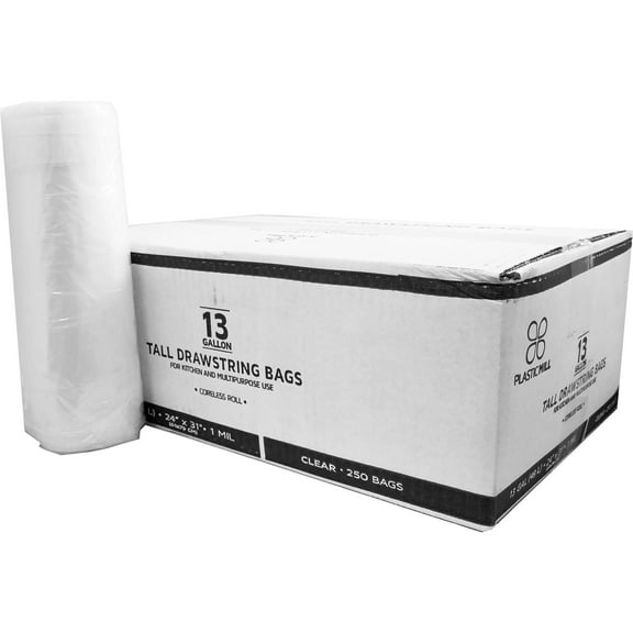 "13 Gallon, Drawstring, Clear, 1 Mil, 24x31, 250 Bags/Case, Extra Tall, Garbage Bags/Trash Can Liners."