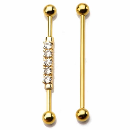 Body Art Body Jewelry 14 Gauge Surgical Steel Industrial Barbell Gold Plated with Clear Gems, 2-Piece Set