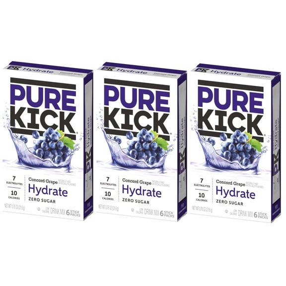 Pure Kick Hydration Singles To Go Drink Mix Concord Grape, 3 Boxes With 6 Packets Each -18 Total Servings