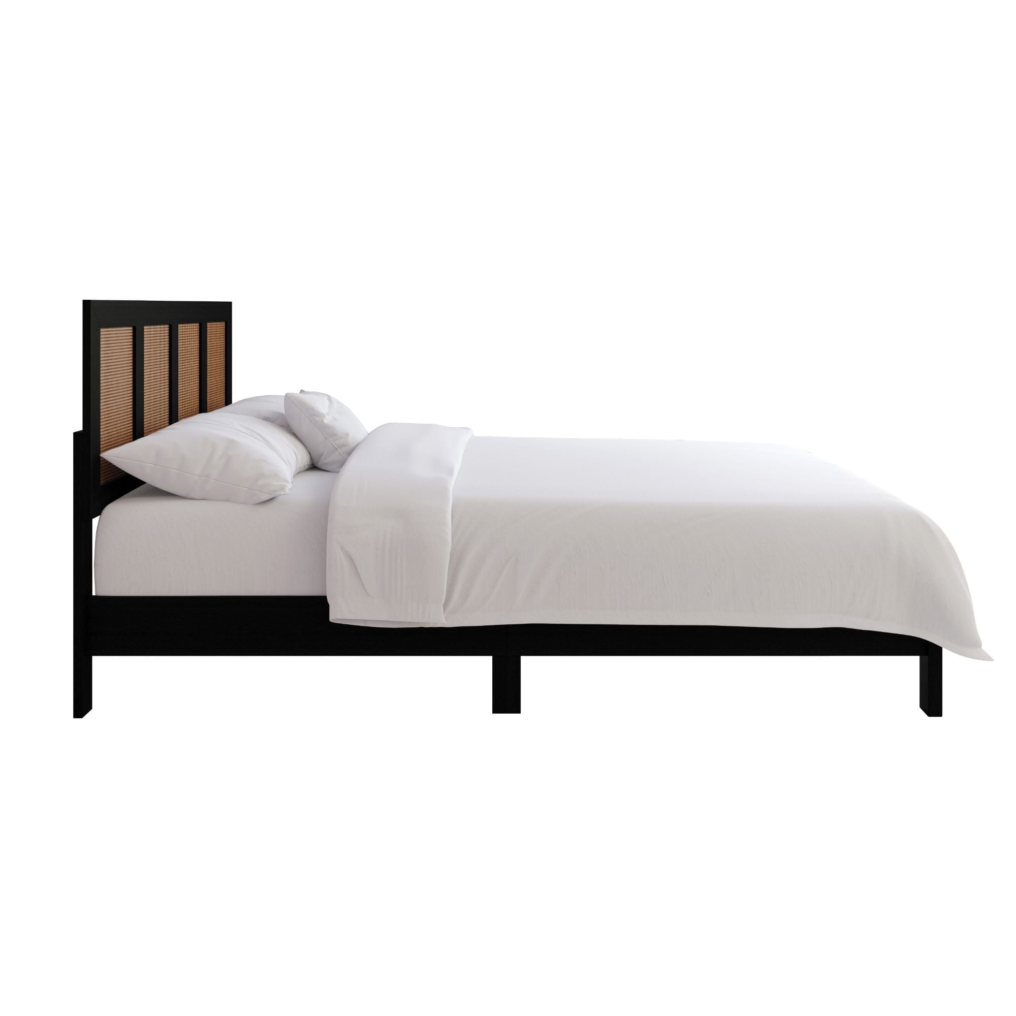 Home Design Missoula Twin Wood Panel Bed Frame with Rattan Accents, Black – Box Spring Required