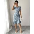 thumbnail image 5 of Dusty Blue Floral Embroidered Puff Sleeve Ruffle Hem Midi Fit & Flare Dress, 5 of 30