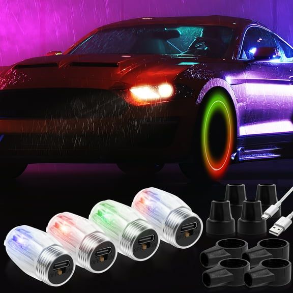 FUYGRCJ 4Pcs Tire Valve Cap Lights Glow in The Dark LED Tire Valve Lights with Motion Sensors Waterproof Colorful LED Car Wheel Lights USB Rechargeable Wheel Flashing Lamp