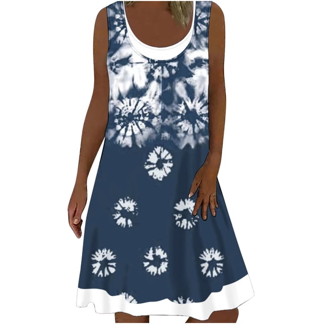 Robes d'Été Courtes pour Femmes Robes d'Été Imprimées Sans Manches Col Rond Robe Fausse Deux Pièces Robes Courtes pour Femmes Été Robes d'Été Sans Manches pour Femmes