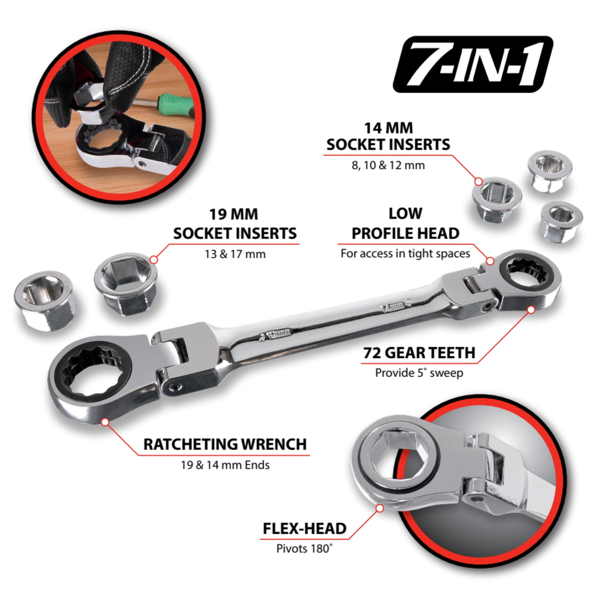 Performance Tool W30649 Flex Head Ratcheting Wrench Set - 7 Piece Metric, Low Profile, 72 Tooth, with Reusable Storage Case