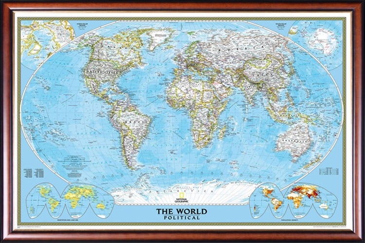 EXECUTIVE PUSH PIN WORLD MAP by NATIONAL GEOGRAPHIC FRAMED Walnut Gold Frame 