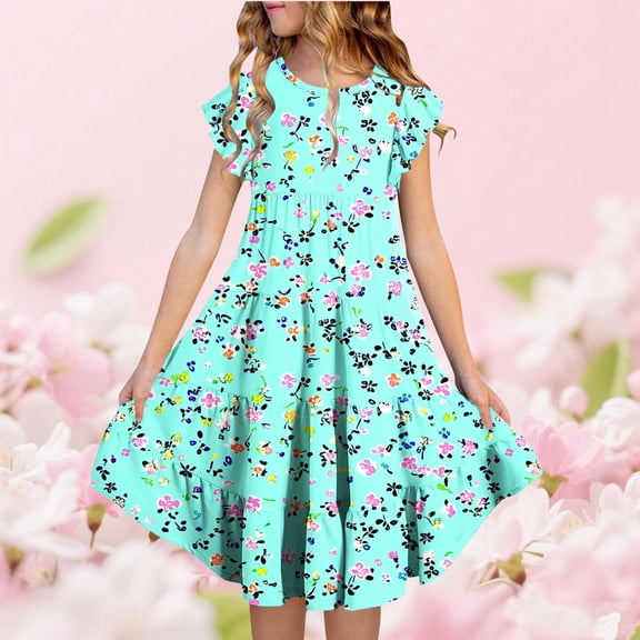 ATOGUTA Pretty Dresses for Girls Ruffle Sleeve Tiered Swings A-Line Cute Midi Casual Sundress Size 4T-13. Multicolor