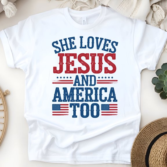 She Loves Jesus and America Too Shirt – Christian Patriotic Graphic Tee, White, Size S