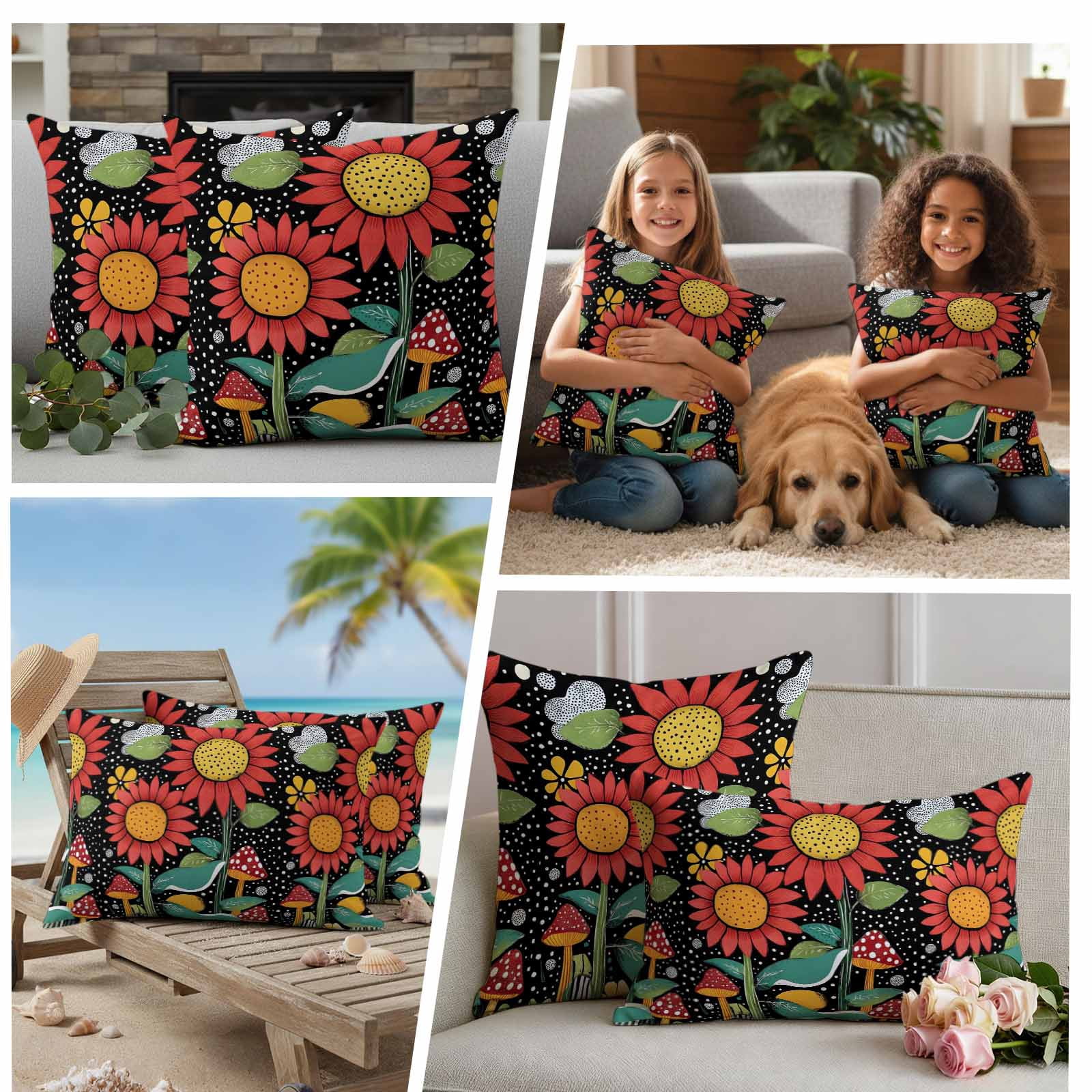 Spring Boho Pillow Covers 2 Pack Red Flowers Leaves White Polka Dots Painting Pillowcase Waterproof Outdoor Throw Pillow Cover for Patio Balcony Rectangular Cushion 20”x12”