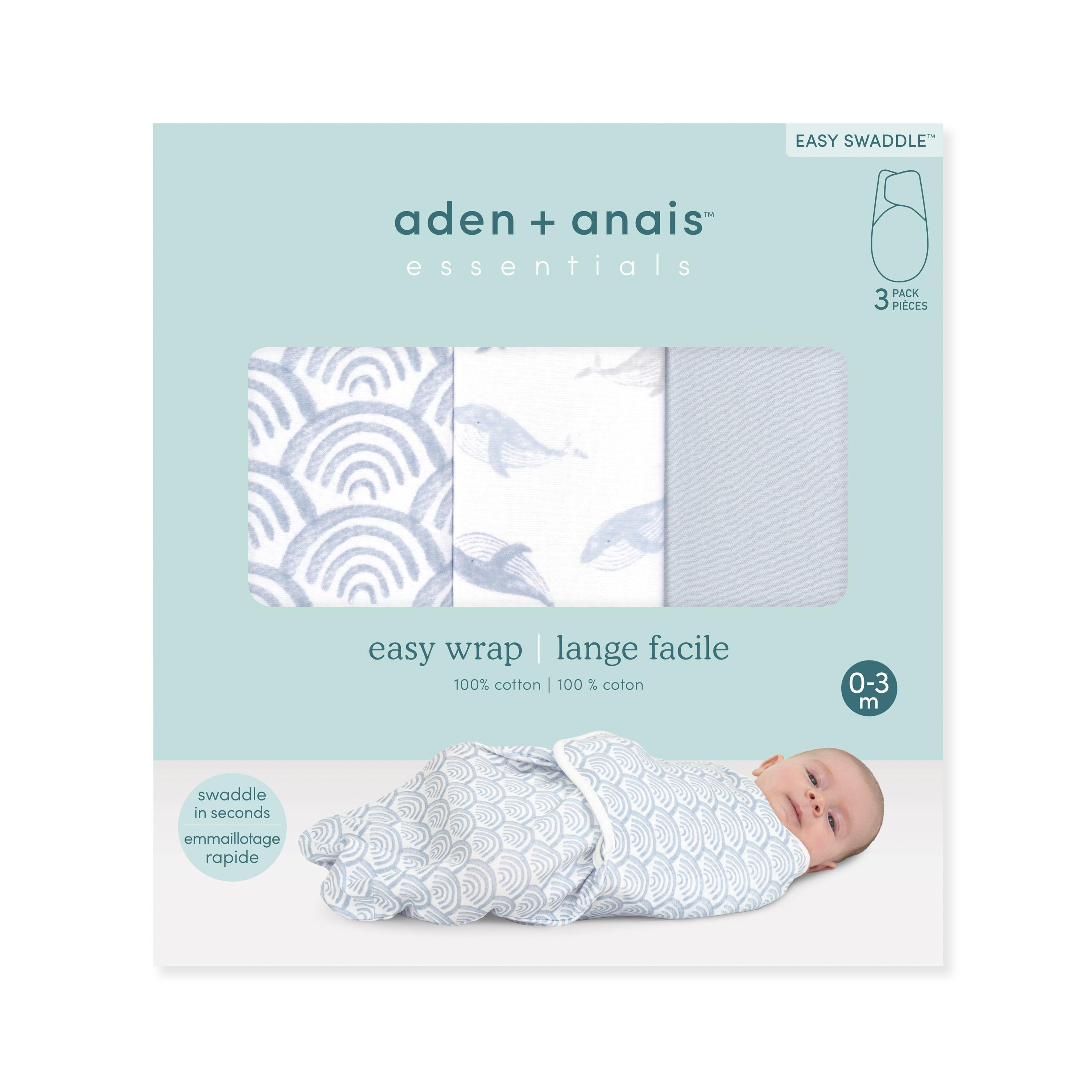 aden + anais Essentials No Zip Wrap Swaddles, At Sea, Blue, Boys, Newborn, 0-3 Months, 3-Pack