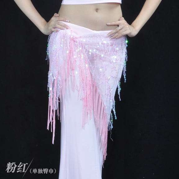 Zhuge Women's Belly Dance Hip Scarf, Sequin Tassel Tribal Triangle Wrap Skirt with Waist Chain, Pink