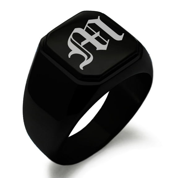 Stainless Steel Letter M Initial Old English Monogram Engraved Engraved Square Flat Top Biker Style Polished Signet Ring