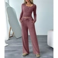 thumbnail image 5 of Women'S 2 Piece Matching Lounge Sets Fall Outfits Henley Neck Sweater Top Wide Leg Pants Sweat Suits Brick Red XL, 5 of 9