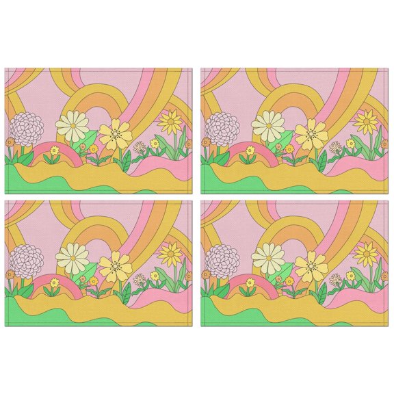 Placemats Set Of 4 Linen Machine Washable Table Placemats Cute Cartoon Blossom Flowers Dinner Mats for Outdoor Tables Desk Kitchen