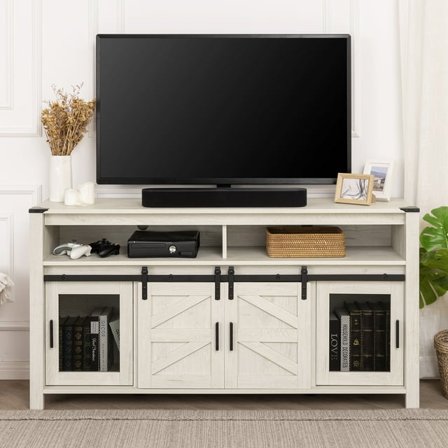 WAMPAT Farmhouse TV Stand, 65 Inch TV Compatible, Entertainment Center, Sliding Barn Doors, Mesh Doors, Tall Media Console, Open Storage Space, Living Room Furniture, Antique White