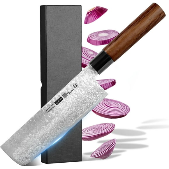Plys Japanese Nakiri Knife, Damascus Vegetable Cleaver Kitchen Knives, 7.5 Inch Super Sharp Cooking Knife